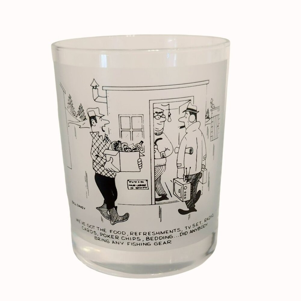 Vintage Bill Davey 70s Fishing Theme Comic Cartoon Whiskey Barware Frosted/Clear